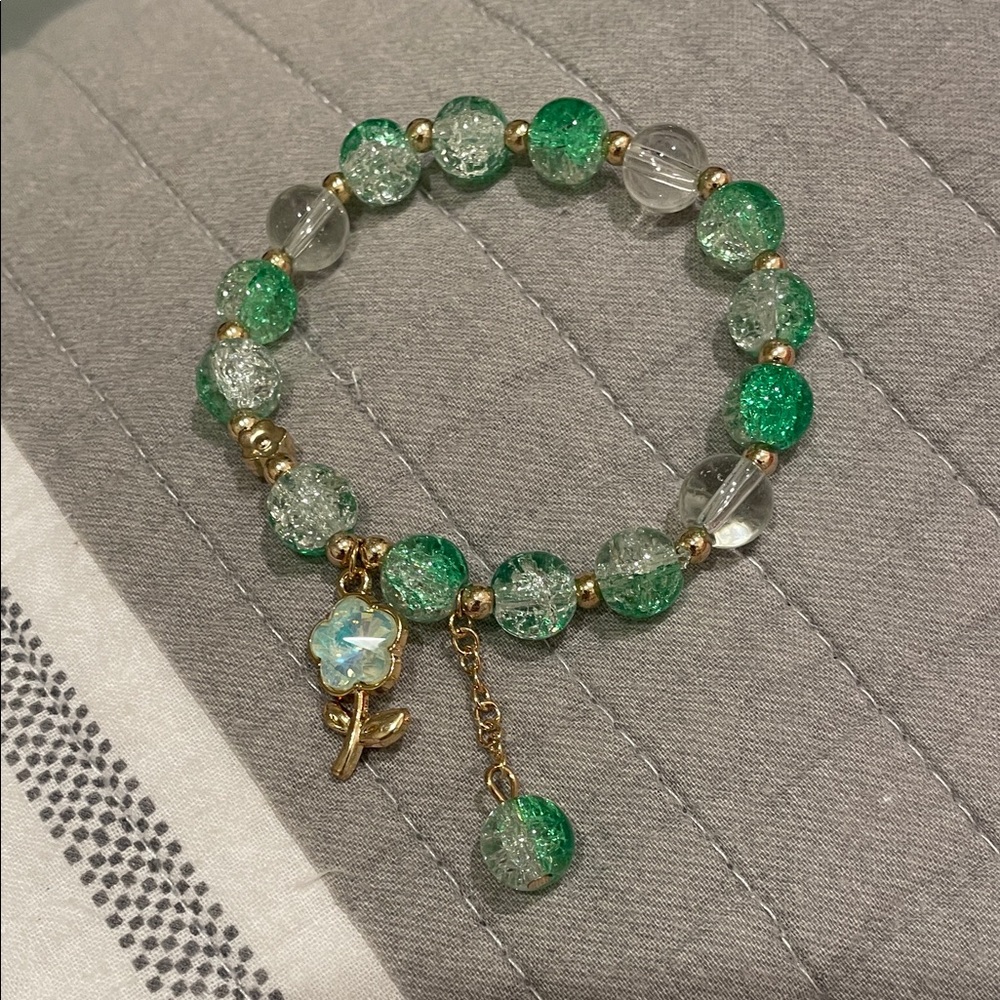 Colorful Greens and Gold Beaded Flower Dangle Charms Bracelet
